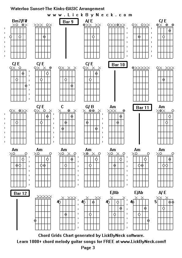 Chord Grids Chart of chord melody fingerstyle guitar song-Waterloo Sunset-The Kinks-BASIC Arrangement,generated by LickByNeck software.